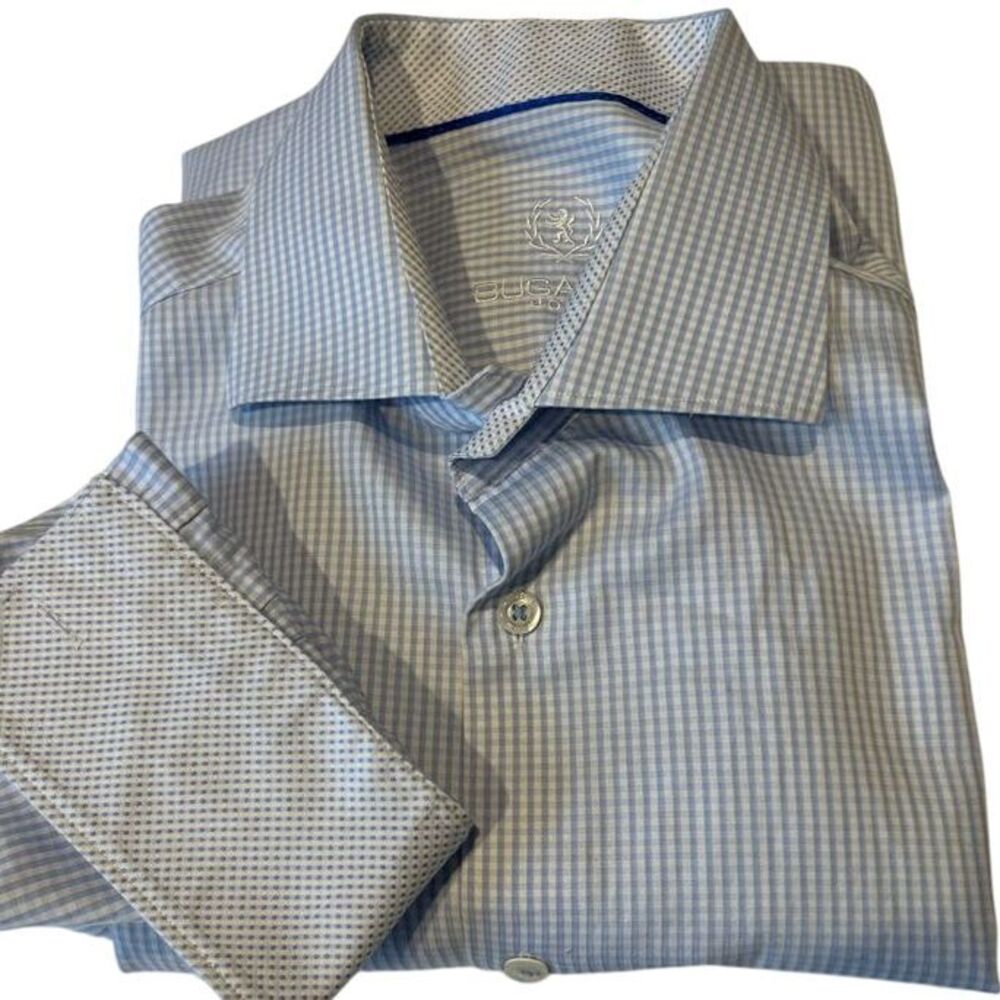 Bugatchi Uomo Men's Long Sleeve Luxury Dress Shirt 16 34/35 Blue Check Flip Cuff